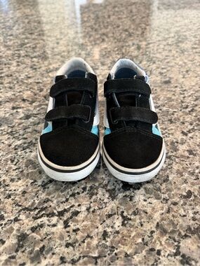 Vans Old Skool Black and Light Blue Flames Velcro Shoes Toddle 9C
